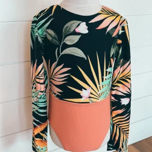 Maillot Corail/Noir une pièce manches longues